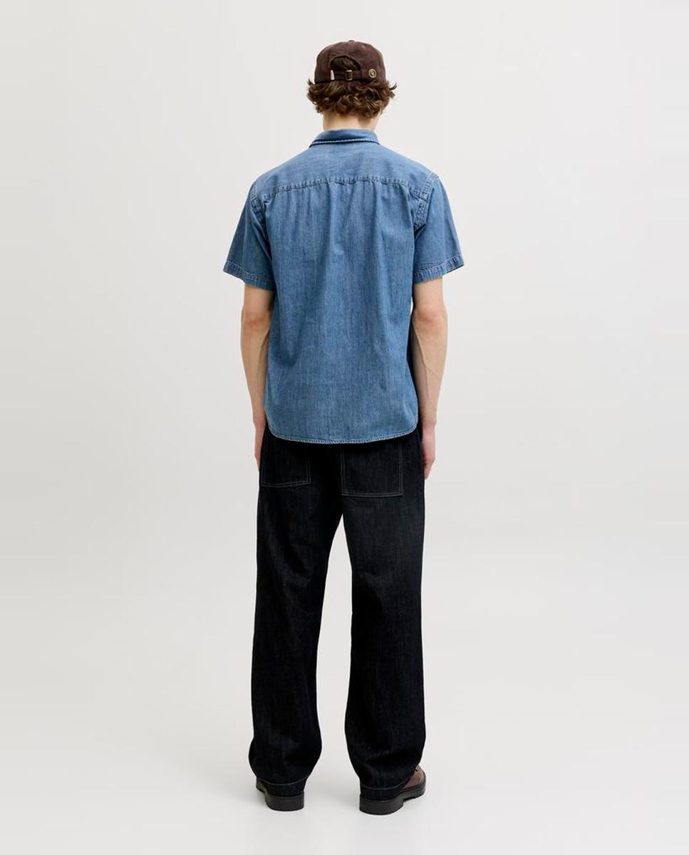 Camisa Lisa em Tecido Chambray com Manga Curta Azul-2