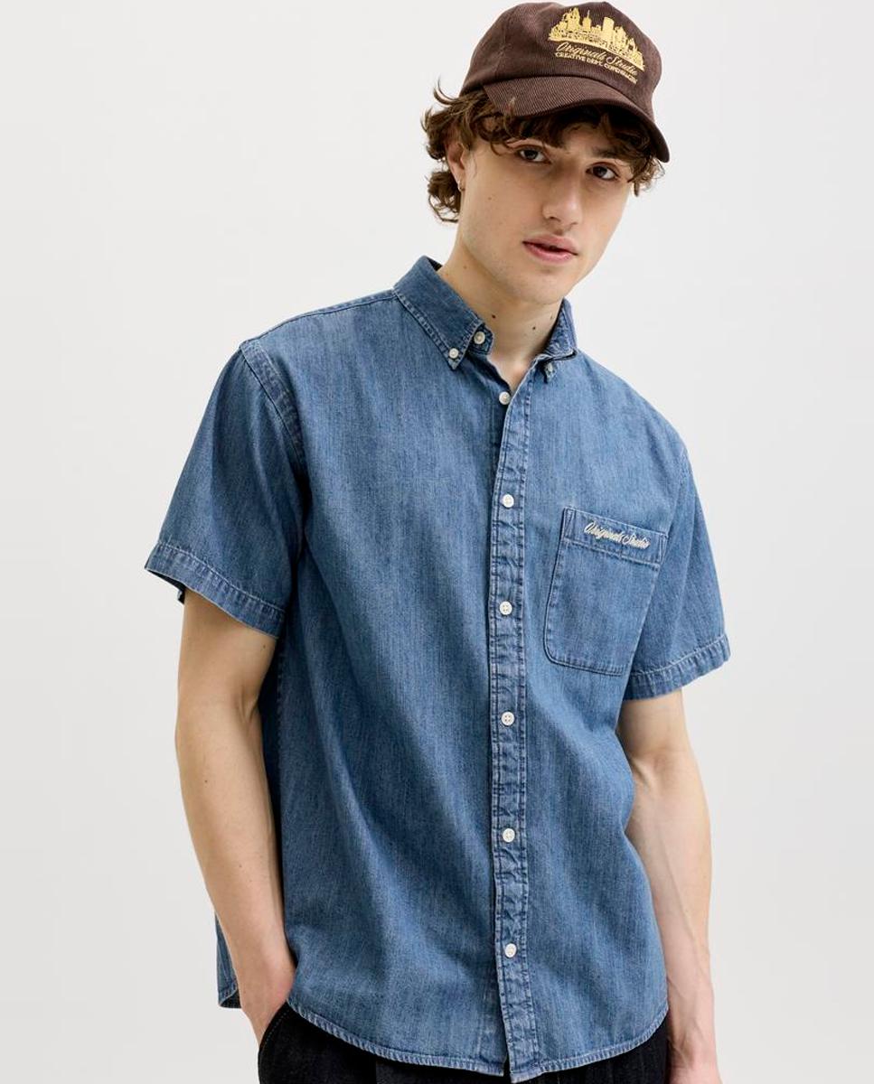 Camisa Lisa em Tecido Chambray com Manga Curta Azul-3