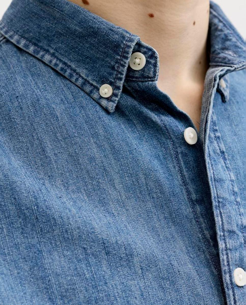 Camisa Lisa em Tecido Chambray com Manga Curta Azul-5