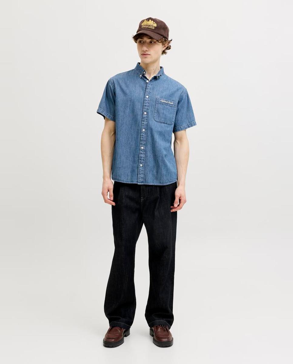 Camisa Lisa em Tecido Chambray com Manga Curta Azul-7
