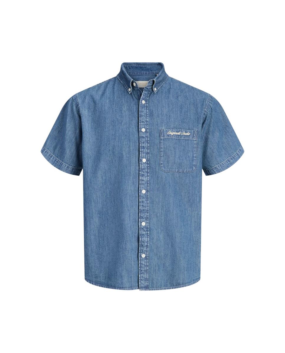 Camisa Lisa em Tecido Chambray com Manga Curta Azul-6