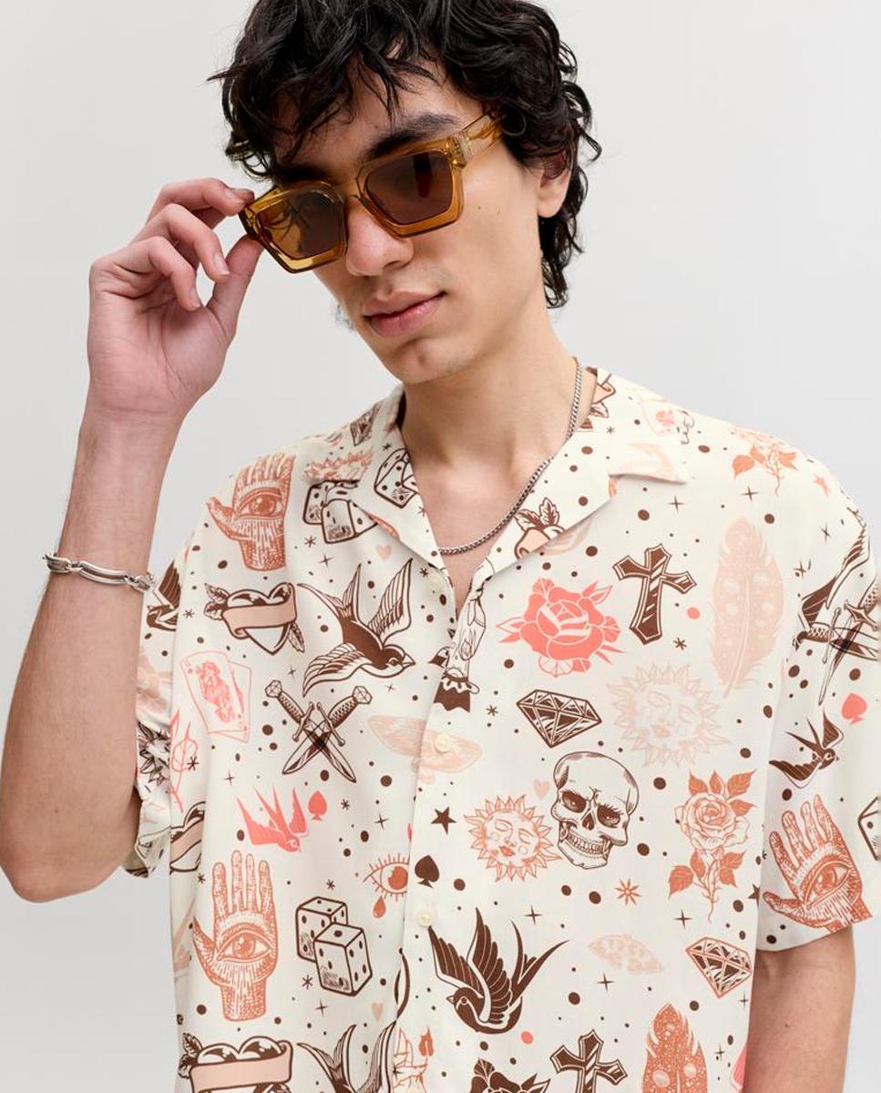 Camisa Estampada de Manga Curta Branco-3