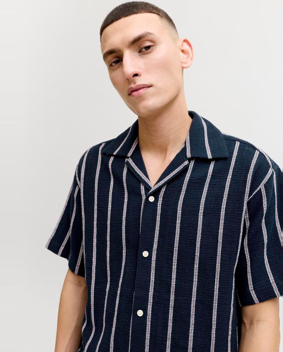Camisa de Manga Curta às Riscas Relaxed Fit Azul-marinho-3