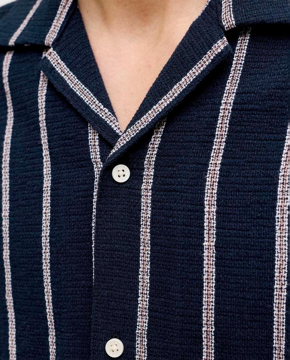 Camisa de Manga Curta às Riscas Relaxed Fit Azul-marinho-4