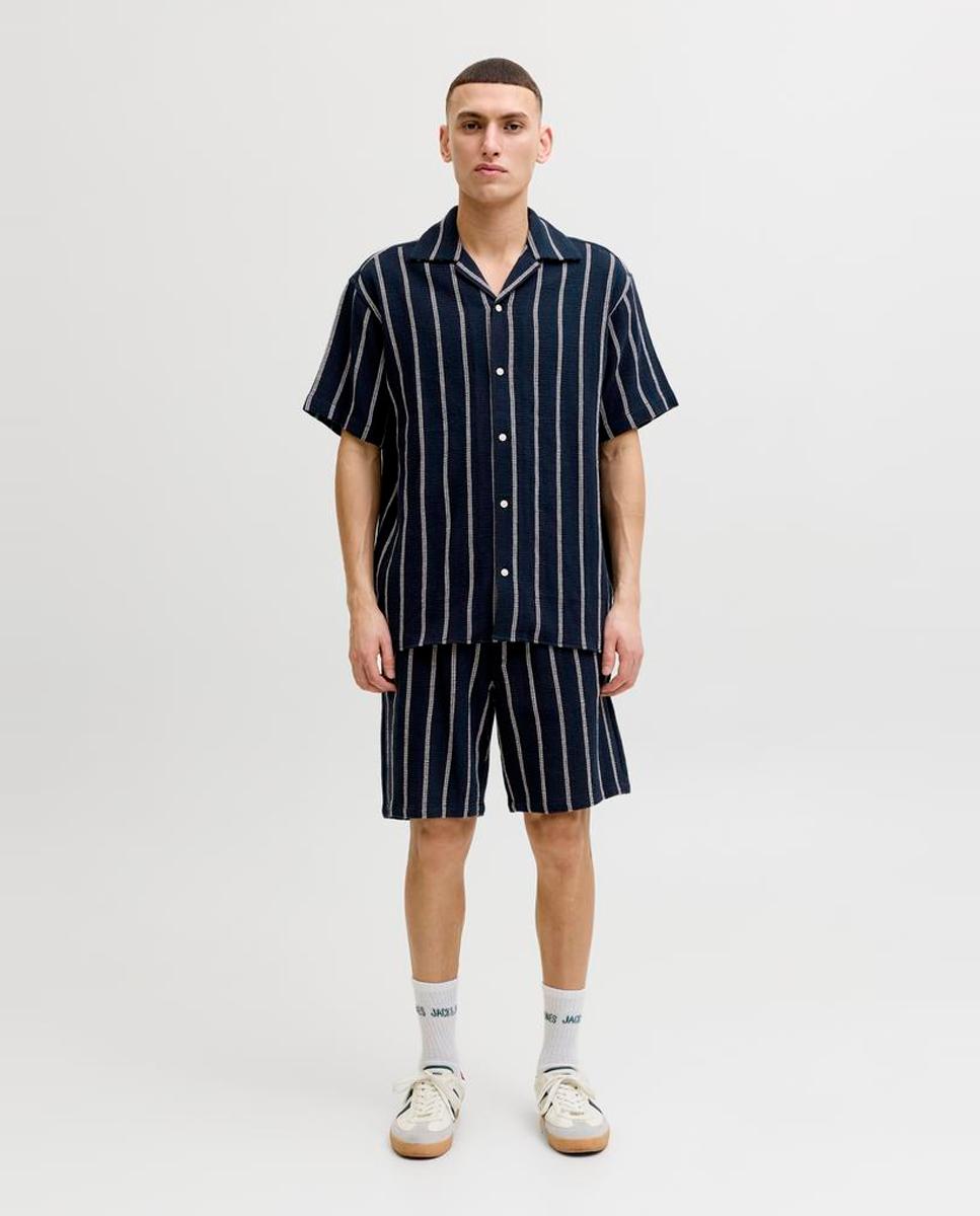 Camisa de Manga Curta às Riscas Relaxed Fit Azul-marinho-7