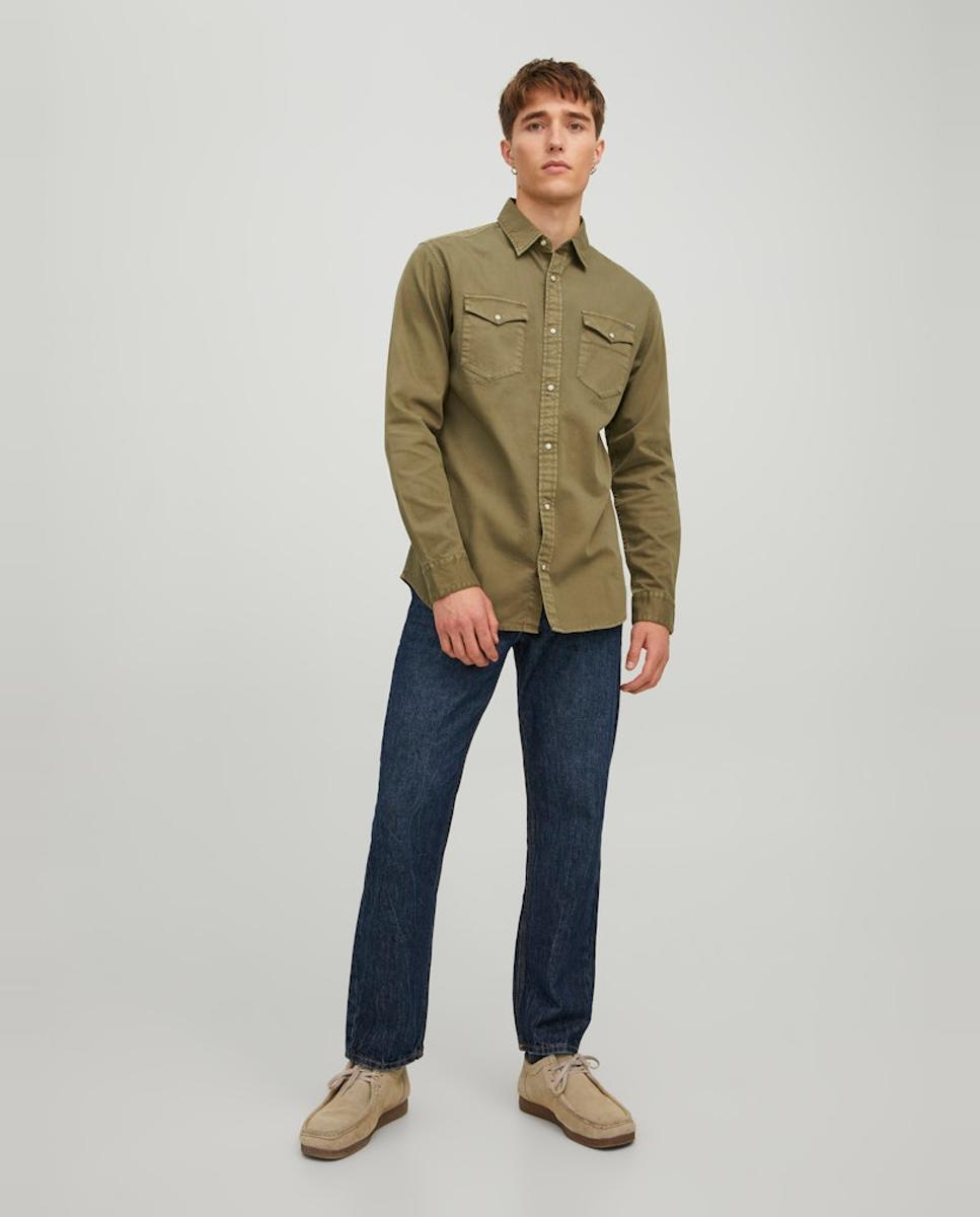 Camisa de ganga azul slim Verde-6