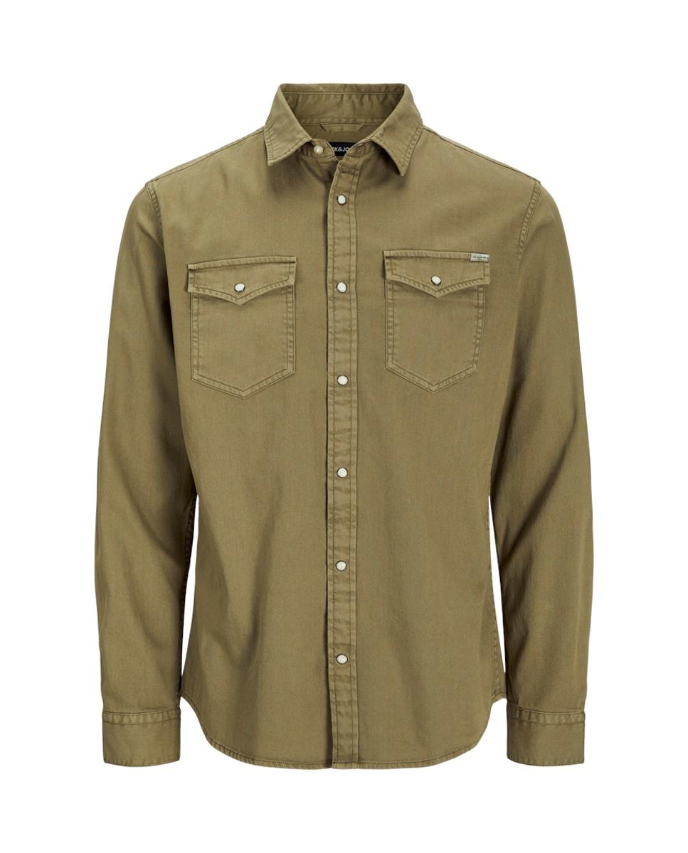 Camisa de ganga azul slim Verde-4