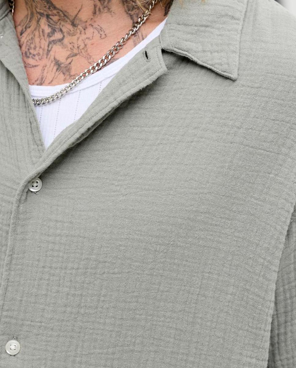 Camisa de Tecido Enrugado com Manga Curta Verde-4