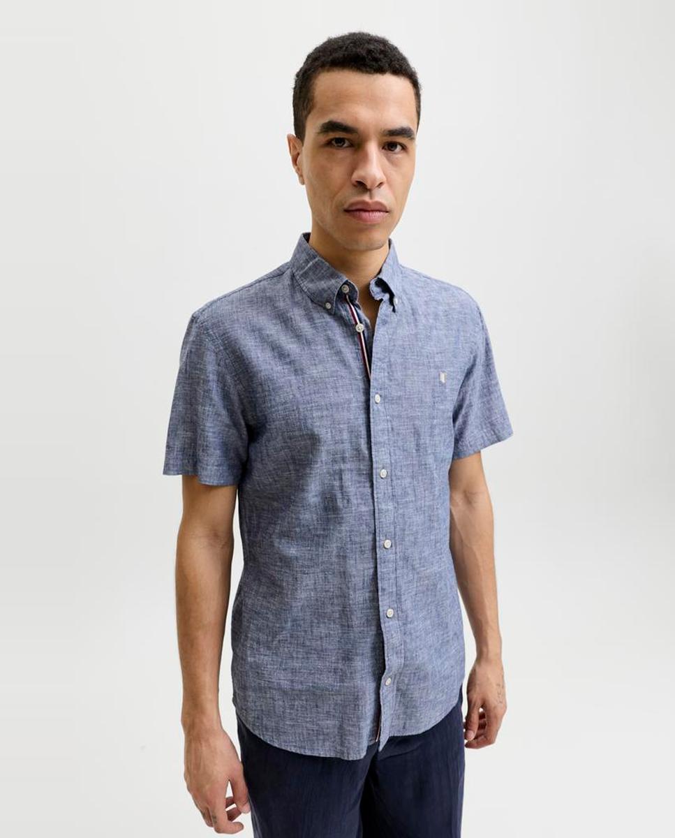 Camisa em Tecido com Linho e Manga Curta Azul-3