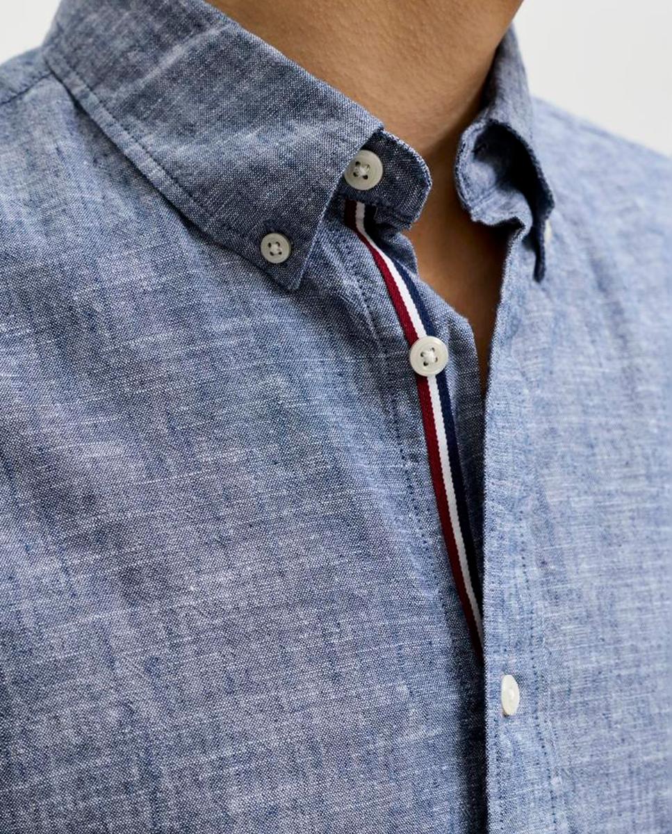 Camisa em Tecido com Linho e Manga Curta Azul-5