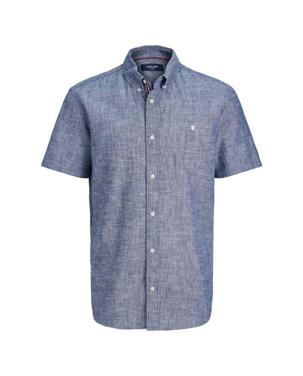 Camisa em Tecido com Linho e Manga Curta Azul-6