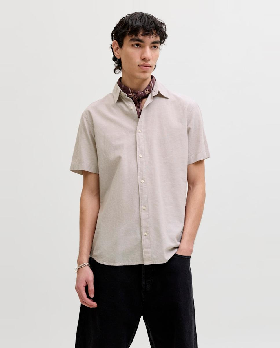 Camisa de Linho com Manga Curta Bege-1