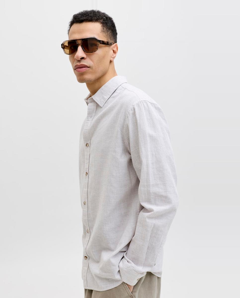 Camisa de lino de hombre lisa con cuello clásico - Jack & Jones - Crudo Crudo-3