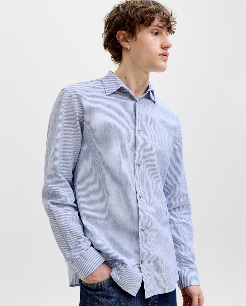 Camisa de lino de hombre lisa con cuello clásico - Jack & Jones - Azul Azul-3