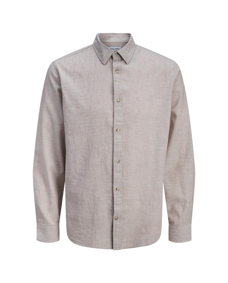 Camisa de Linho Lisa com Gola Clássica Bege-5