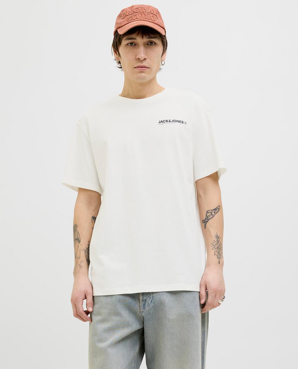 T-shirt de Manga Curta com Gola Redonda e Estampado Traseiro Branco-1