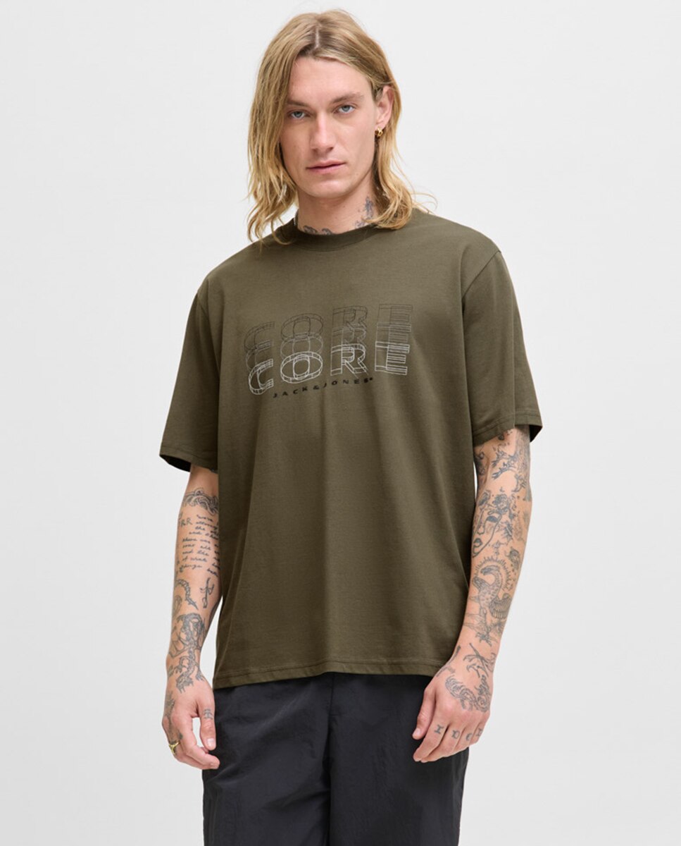 T-shirt de Manga Curta com Estampado à Frente Verde-1