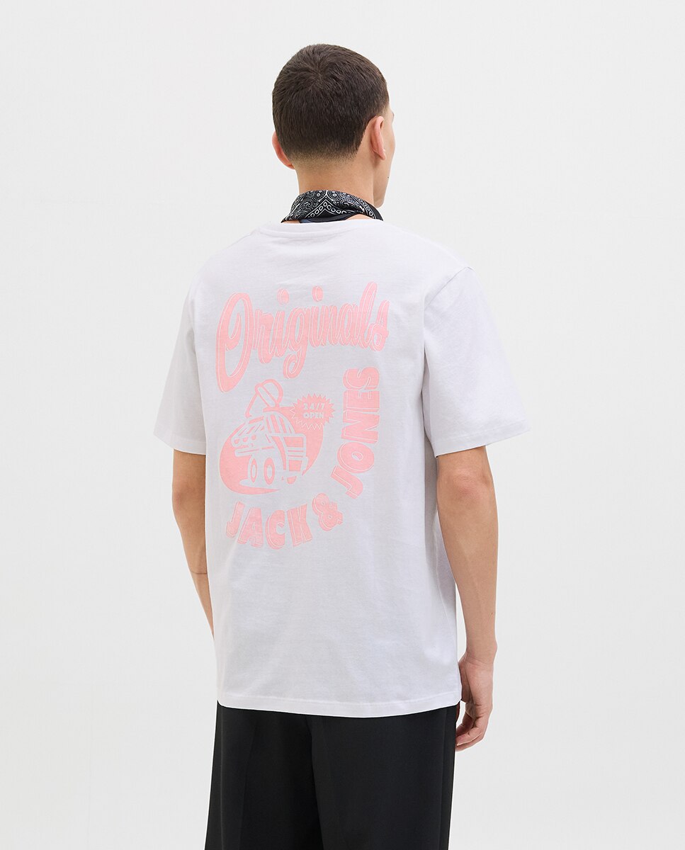T-shirt de Manga Curta Lisa com Estampado Traseiro Branco-2
