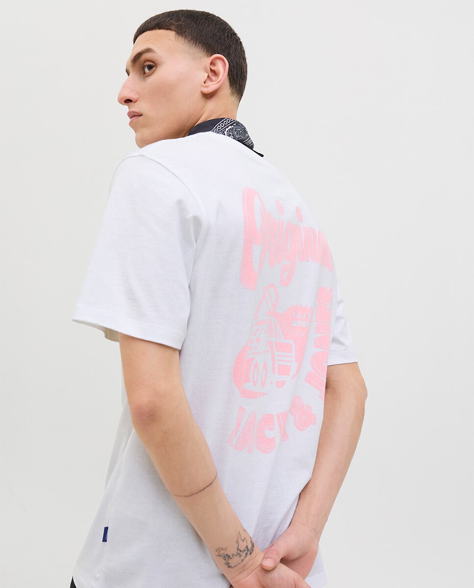 T-shirt de Manga Curta Lisa com Estampado Traseiro Branco-3
