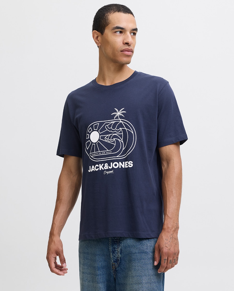 T-shirt de Manga Curta com Estampado à Frente Azul-1