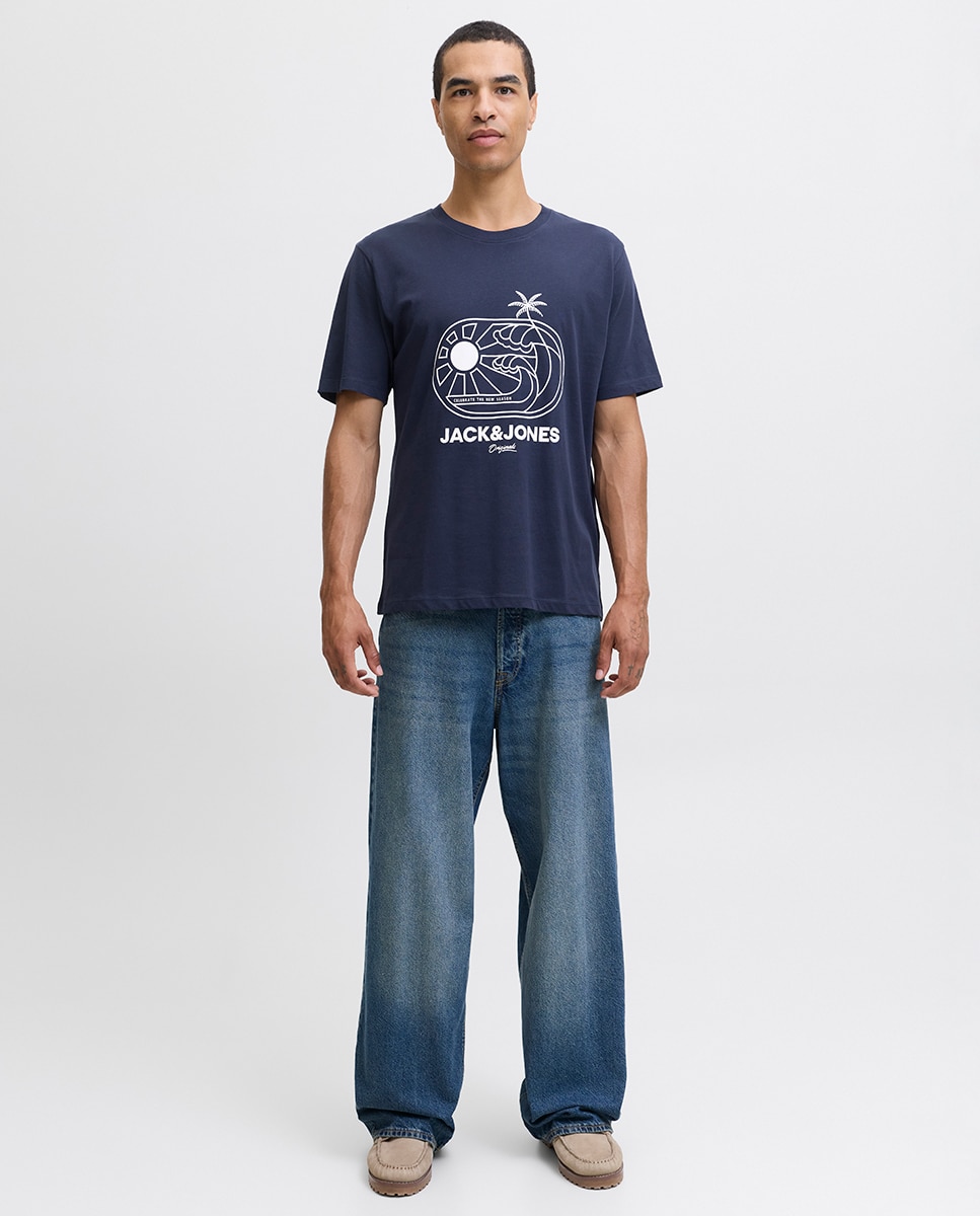 T-shirt de Manga Curta com Estampado à Frente Azul-7