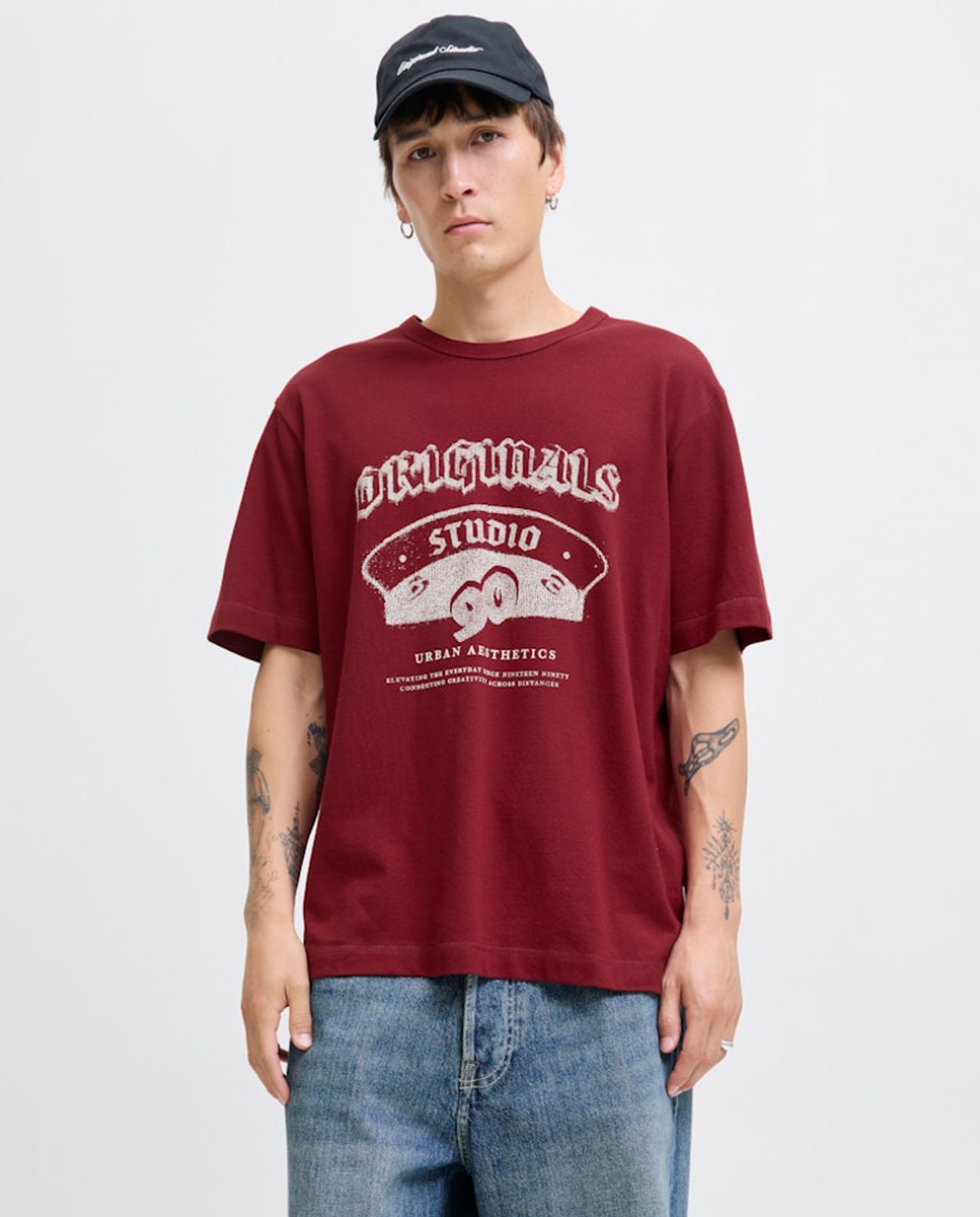 T-shirt de Manga Curta com Estampado à Frente Vermelho-1