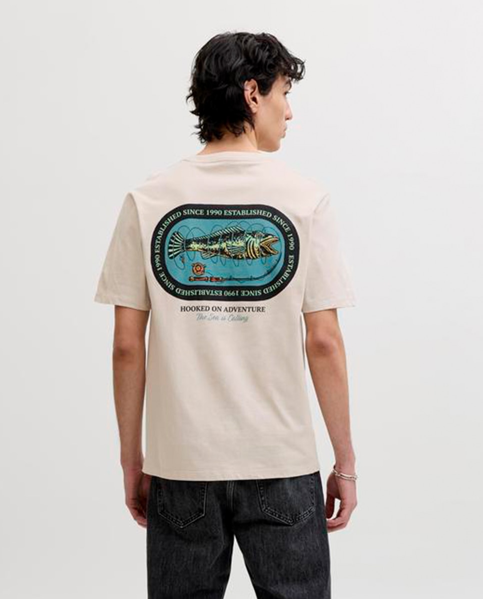 T-shirt de Manga Curta com Estampado Traseiro Bege-2