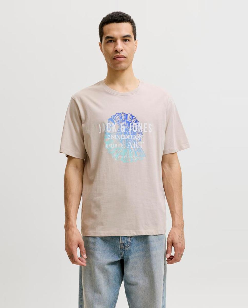 T-shirt de Manga Curta com Estampado à Frente Bege-1
