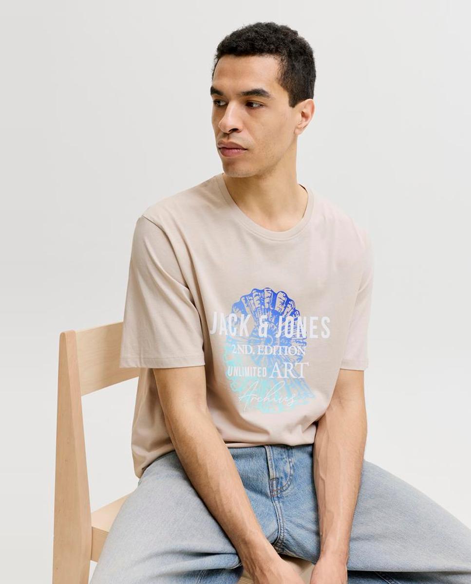 T-shirt de Manga Curta com Estampado à Frente Bege-3