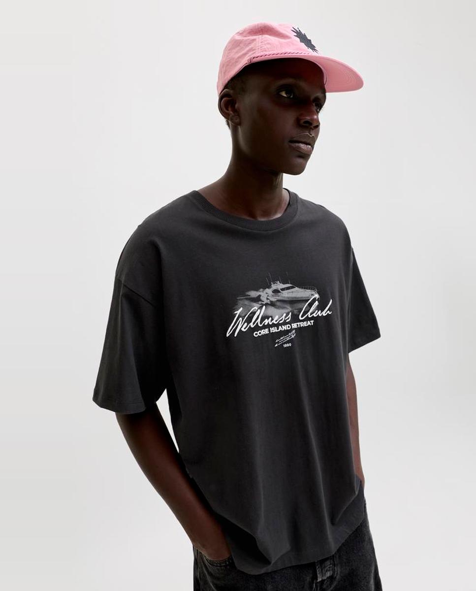 T-shirt de Manga Curta com Estampado à Frente Preto-3