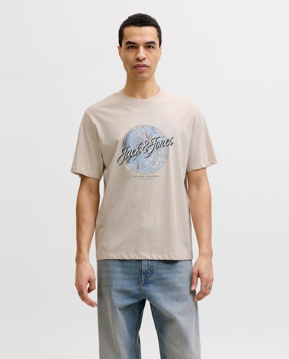 T-shirt de Manga Curta com Estampado à Frente Bege-1
