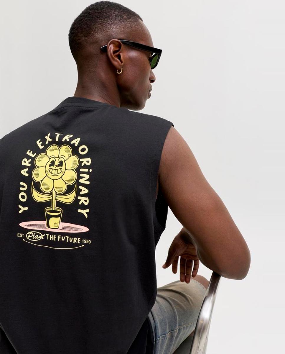 T-shirt sem Mangas com Estampado Traseiro Preto-3