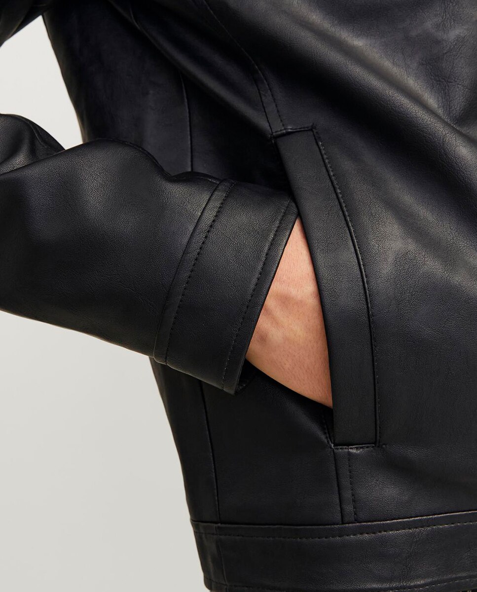 Casaco de Efeito de Pele com Fecho de Correr e Decote Redondo Abotoado Preto-4