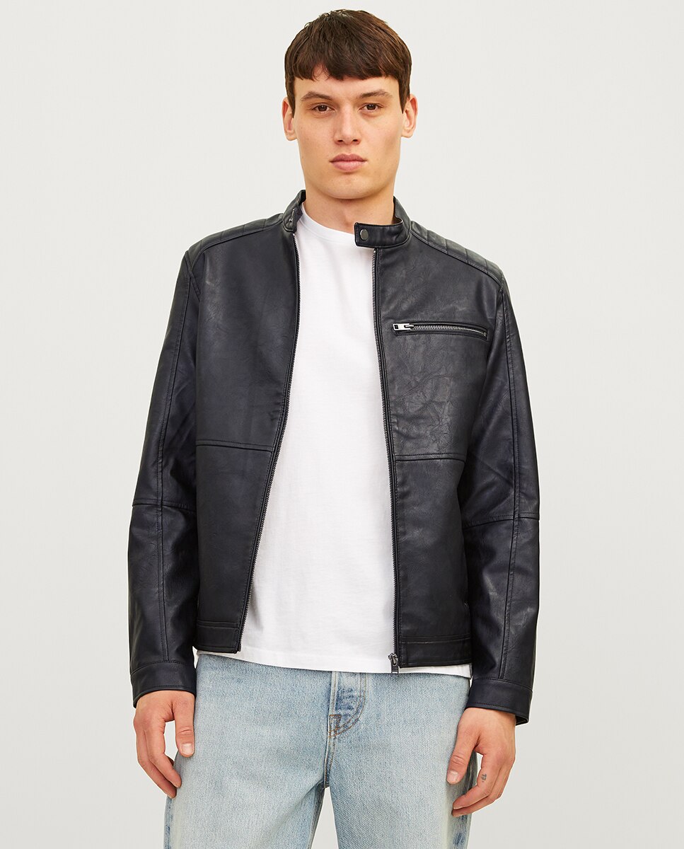 Casaco de Efeito de Pele com Fecho de Correr e Decote Redondo Abotoado Preto-1