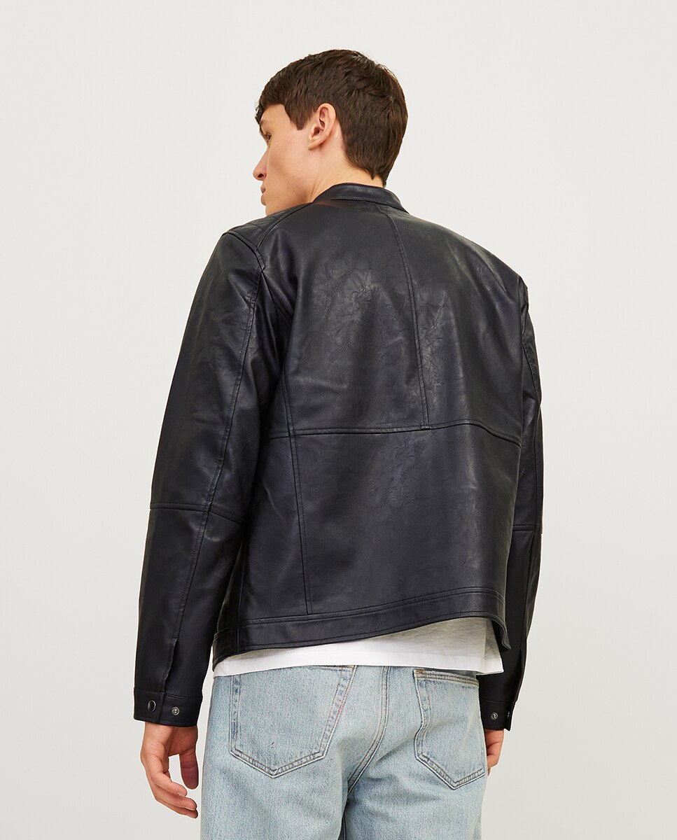 Casaco de Efeito de Pele com Fecho de Correr e Decote Redondo Abotoado Preto-2