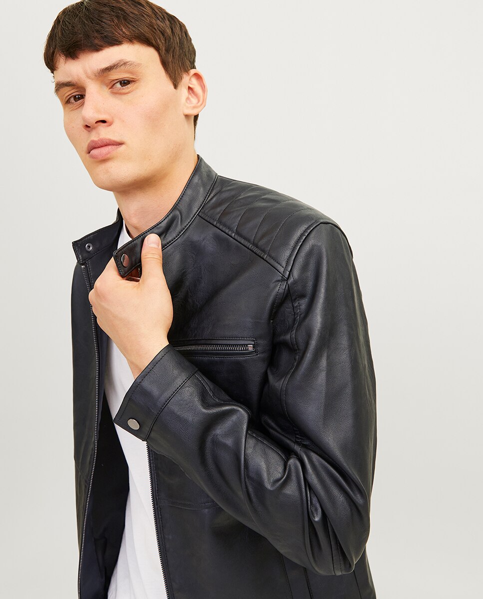 Casaco de Efeito de Pele com Fecho de Correr e Decote Redondo Abotoado Preto-3