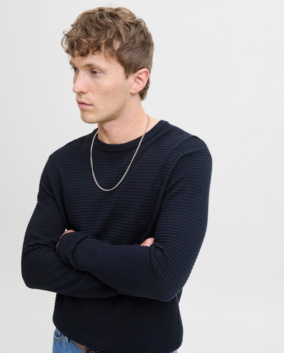 Camisola de Malha Lisa com Estrutura Azul-marinho-3
