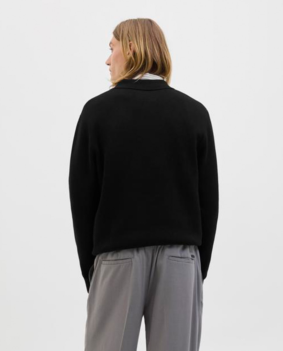 Camisola de Malha com Colarinho de Polo e Fecho de Correr Preto-2