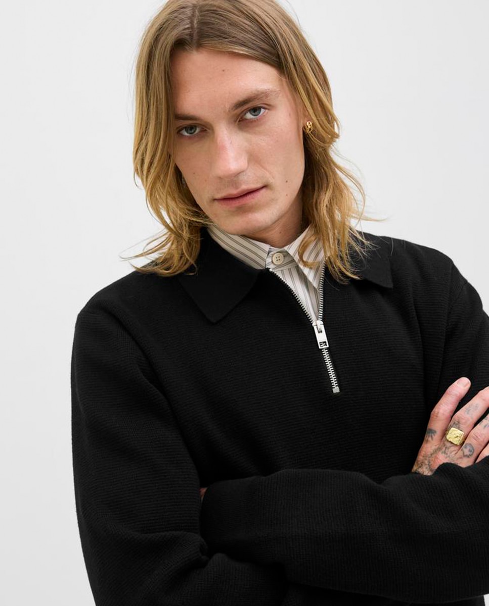 Camisola de Malha com Colarinho de Polo e Fecho de Correr Preto-3