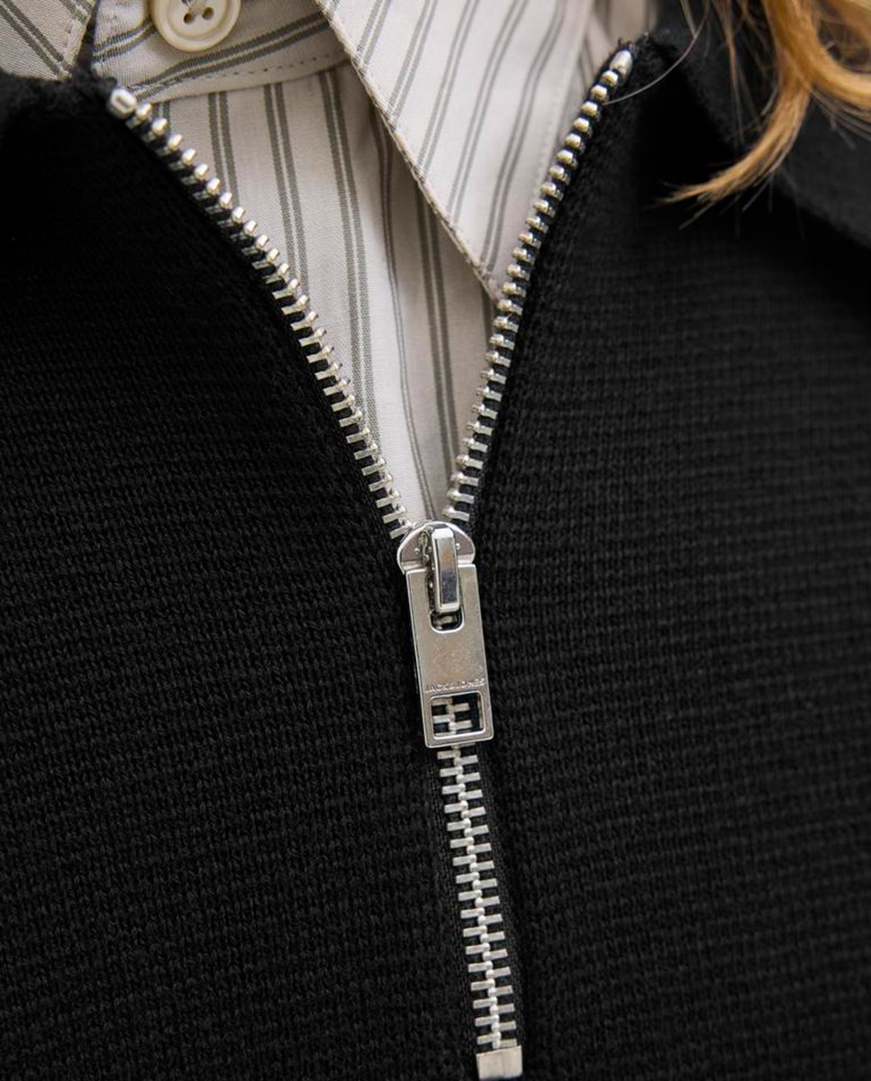 Camisola de Malha com Colarinho de Polo e Fecho de Correr Preto-5