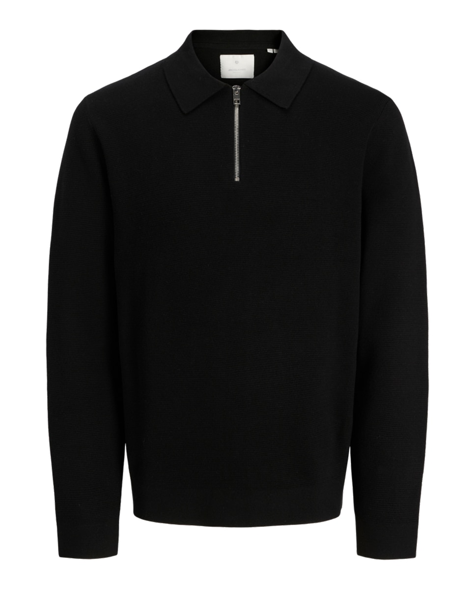 Camisola de Malha com Colarinho de Polo e Fecho de Correr Preto-6