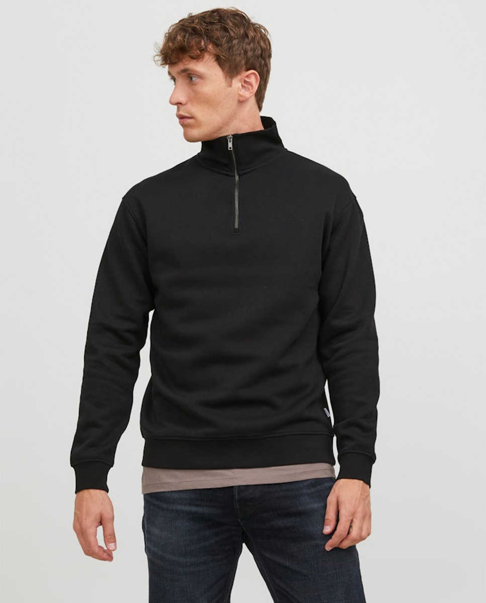 Sweatshirt com Gola Alta e Fecho de Correr Preto-1