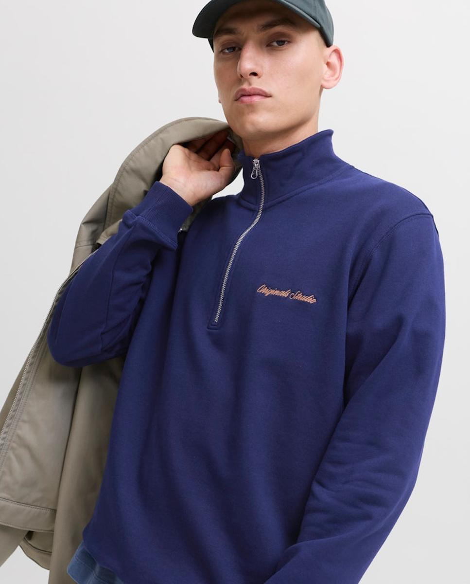 Sweatshirt com Gola Alta e Fecho de Correr Azul-2