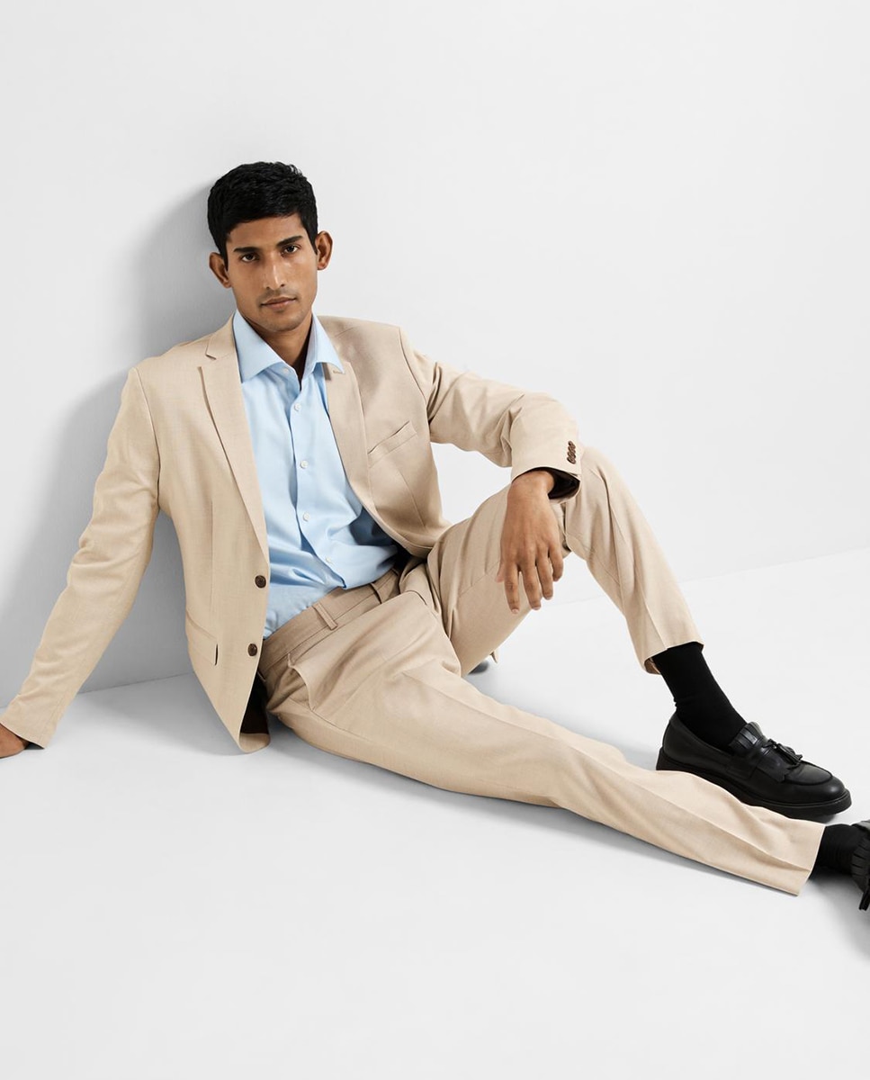 Calças de Fato Slim Fit Bege-4