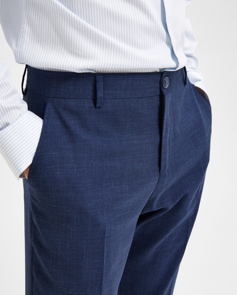 Calças de Fato Slim Fit de Linho Azul-marinho-4