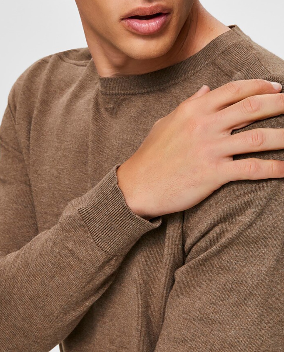 Camisola de malha de homem com decote redondo Castanho-5