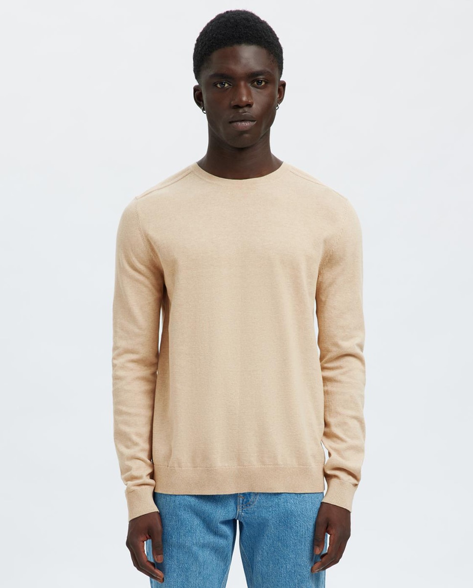 Camisola de Malha com Gola Redonda Confecionada em Algodão Orgânico Bege-1