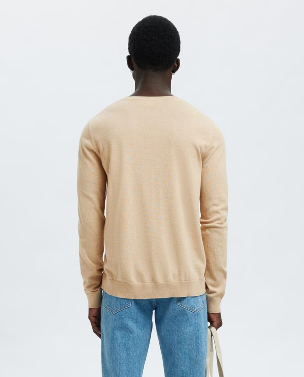 Camisola de Malha com Gola Redonda Confecionada em Algodão Orgânico Bege-2