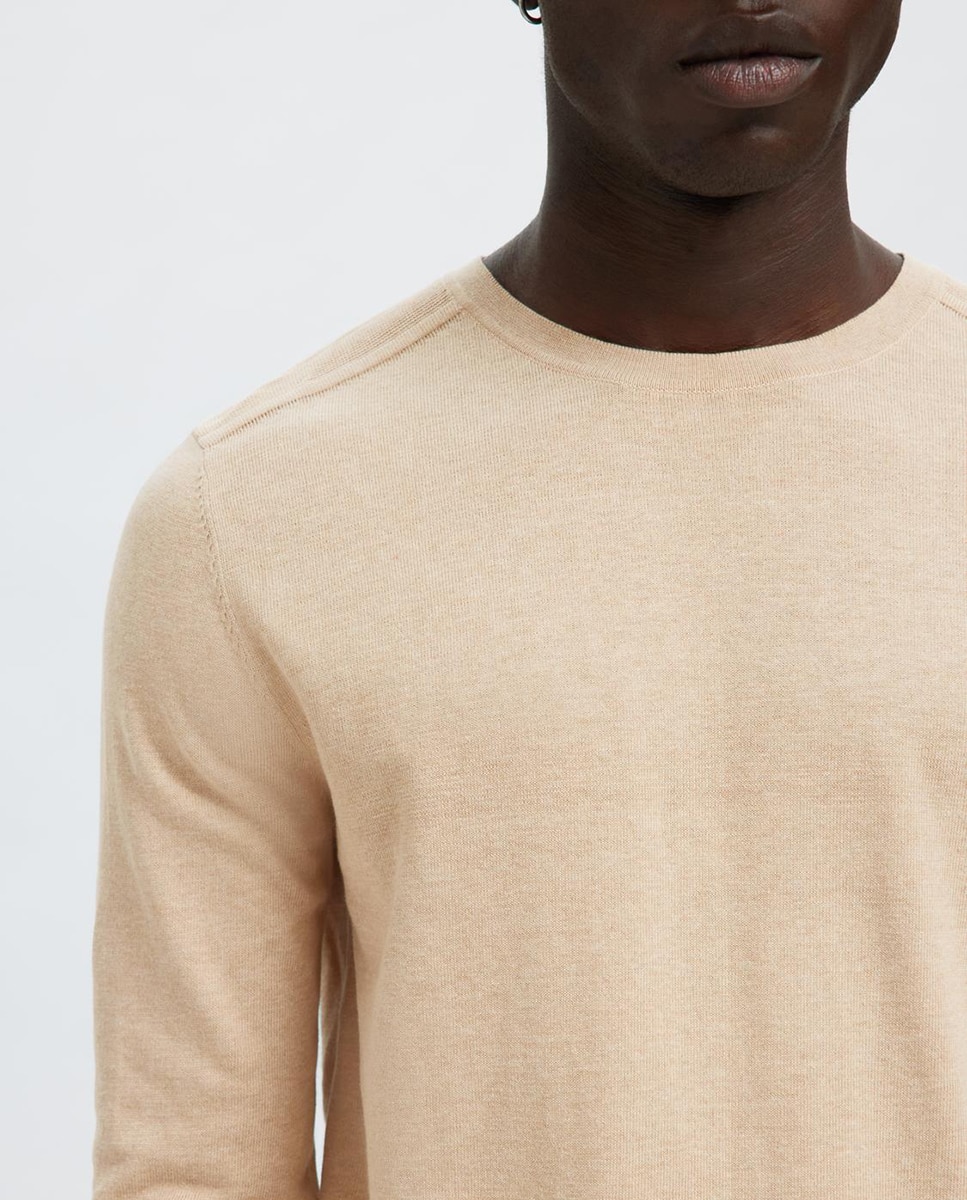 Camisola de Malha com Gola Redonda Confecionada em Algodão Orgânico Bege-3
