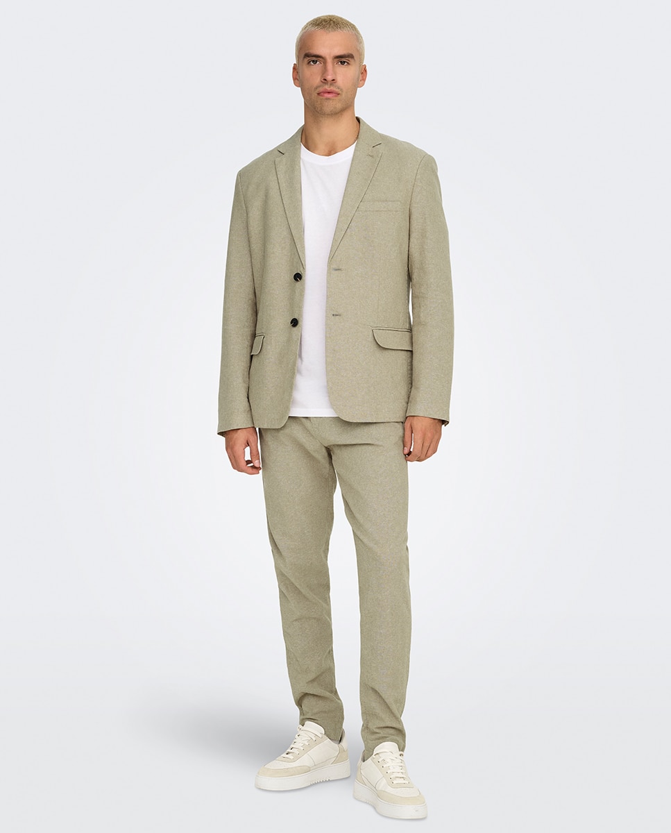Calças Slim Fit de Algodão e Linho Cinzento-1